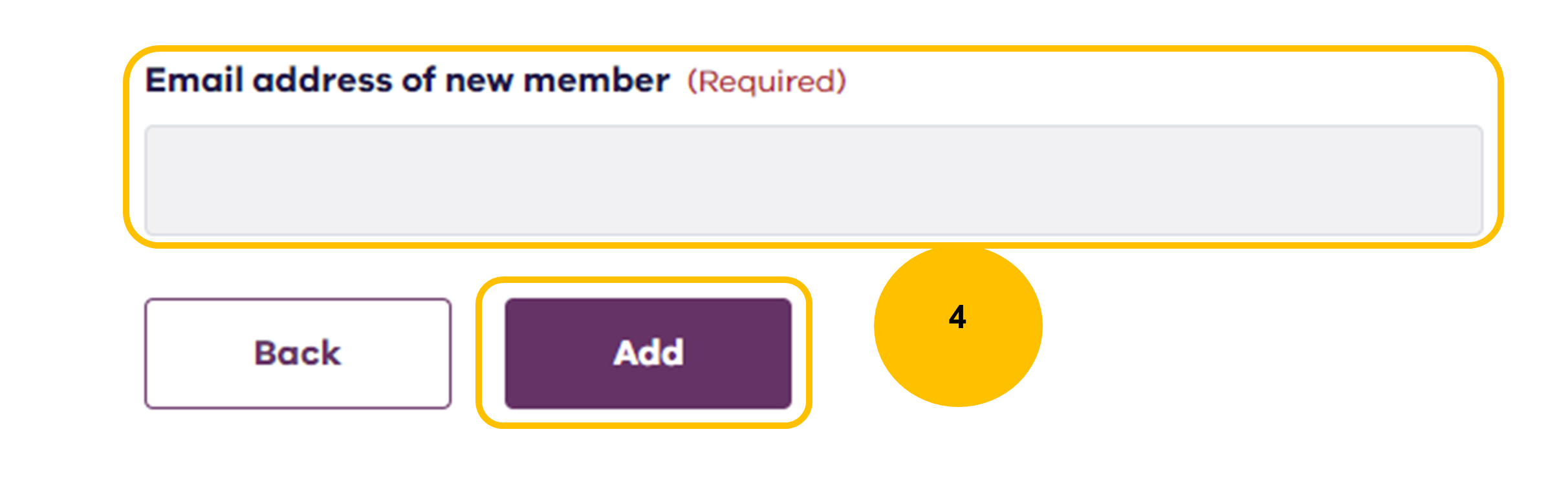 Email address field for new member, add button highlighted with step 4