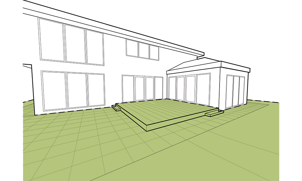 Diagram of an unroofed raised patio or deck adjacent to a house