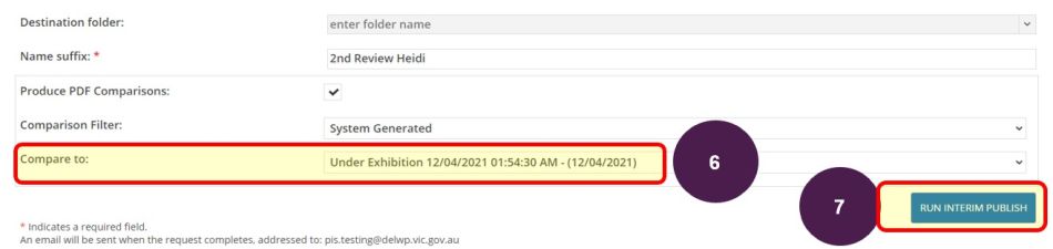 Selecting what to compare to and the run interim publish button