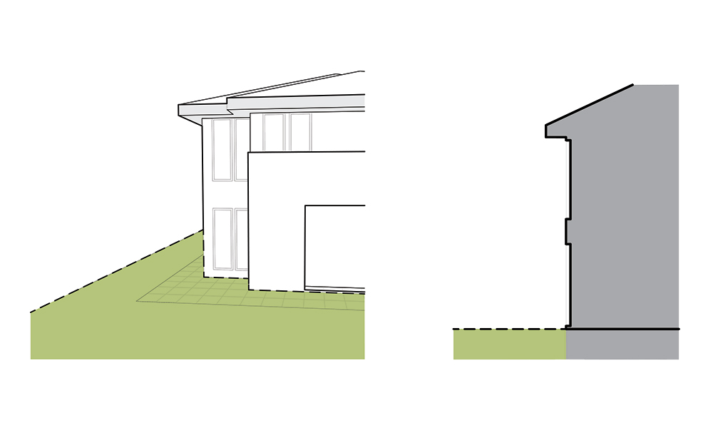 Diagram of part of a house with garden area and side view of garden area under an eave