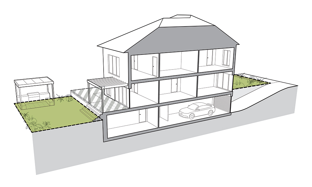 Diagram of cross-section view of house with a projecting basement