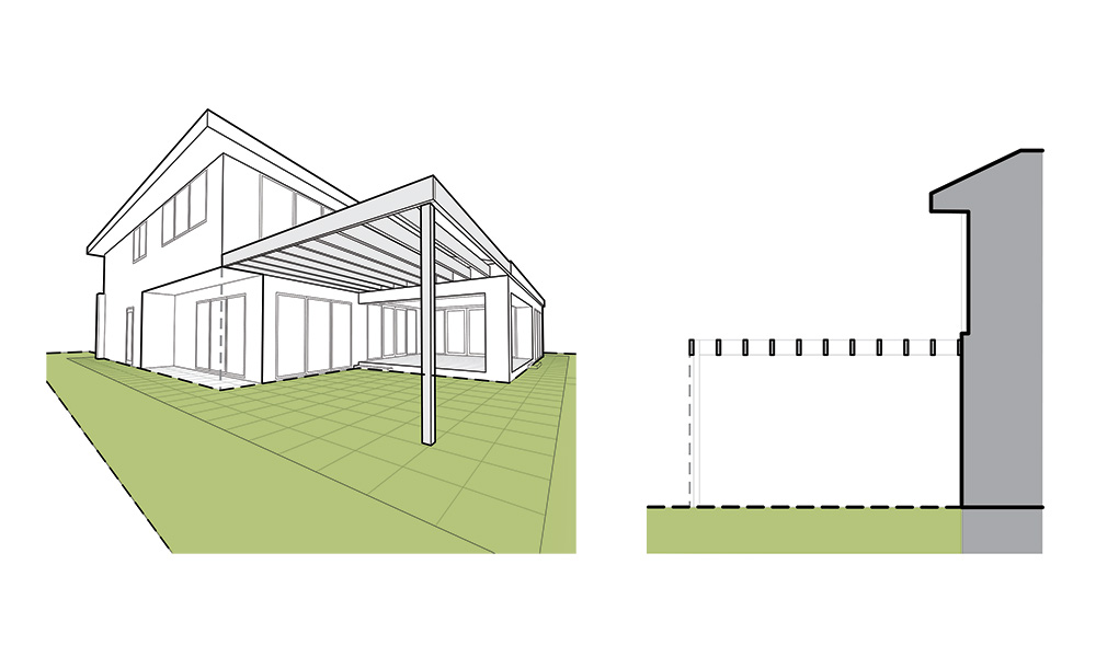 Diagram of pergola outside house, and side view of pergola