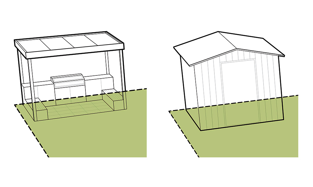 Diagram of covered barbecue, and garden shed