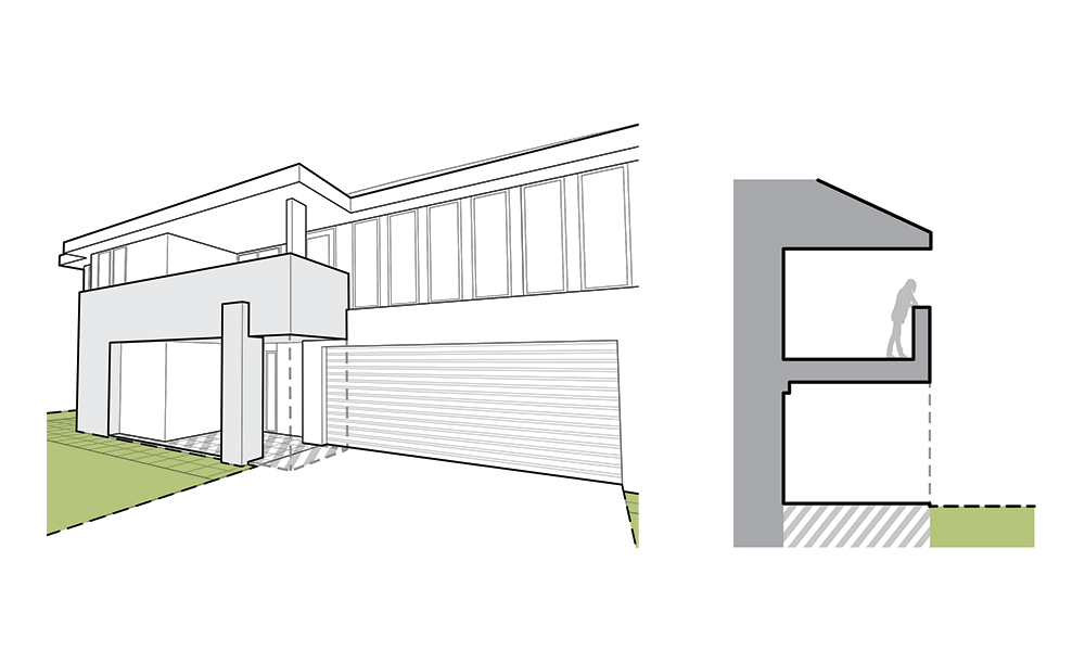 Left-hand side diagram of front view of a house with a front porch that is roofed and paved. Right-hand side diagram of side view of a covered, paved porch. The footprint of the porch is not garden area.