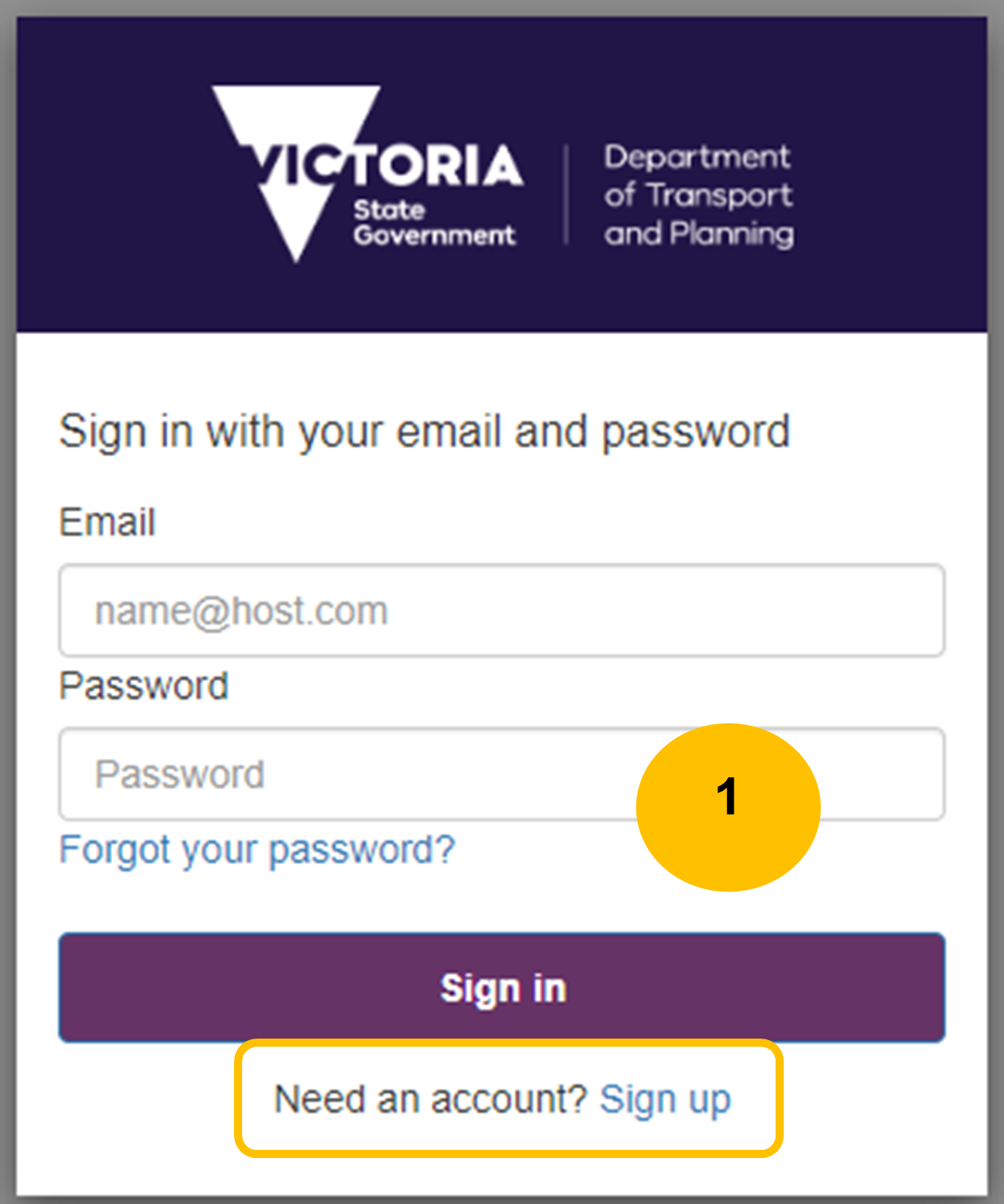 Step 1 with sign in screen with sign up link highlighted