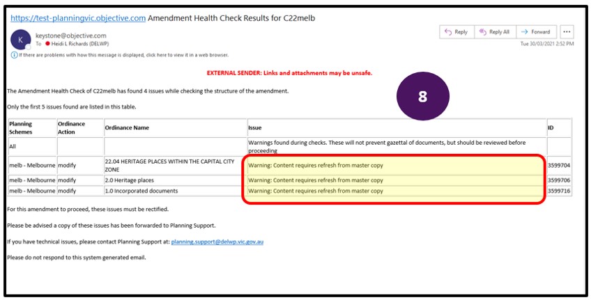 Example of email with errors after the running of the Amendment Health Check