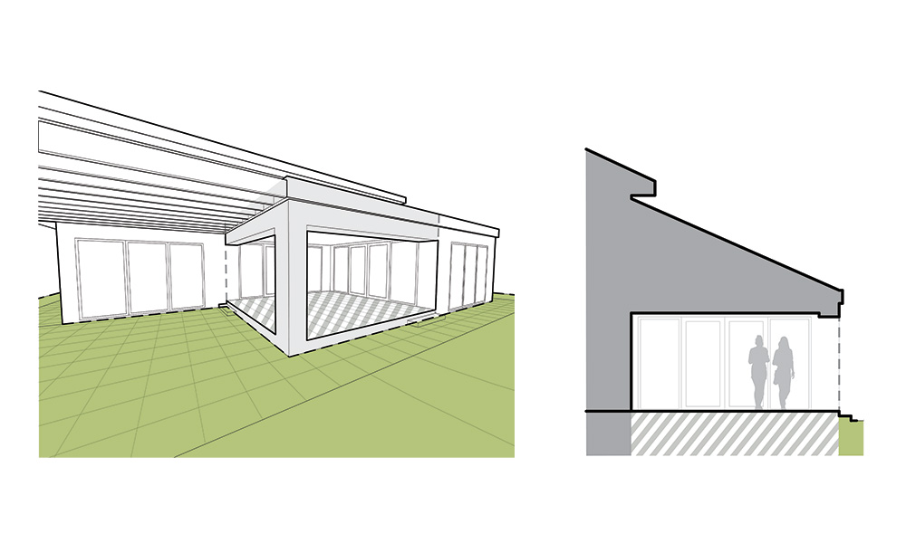 Diagram of external and side view of a roofed outdoor area attached to the house.