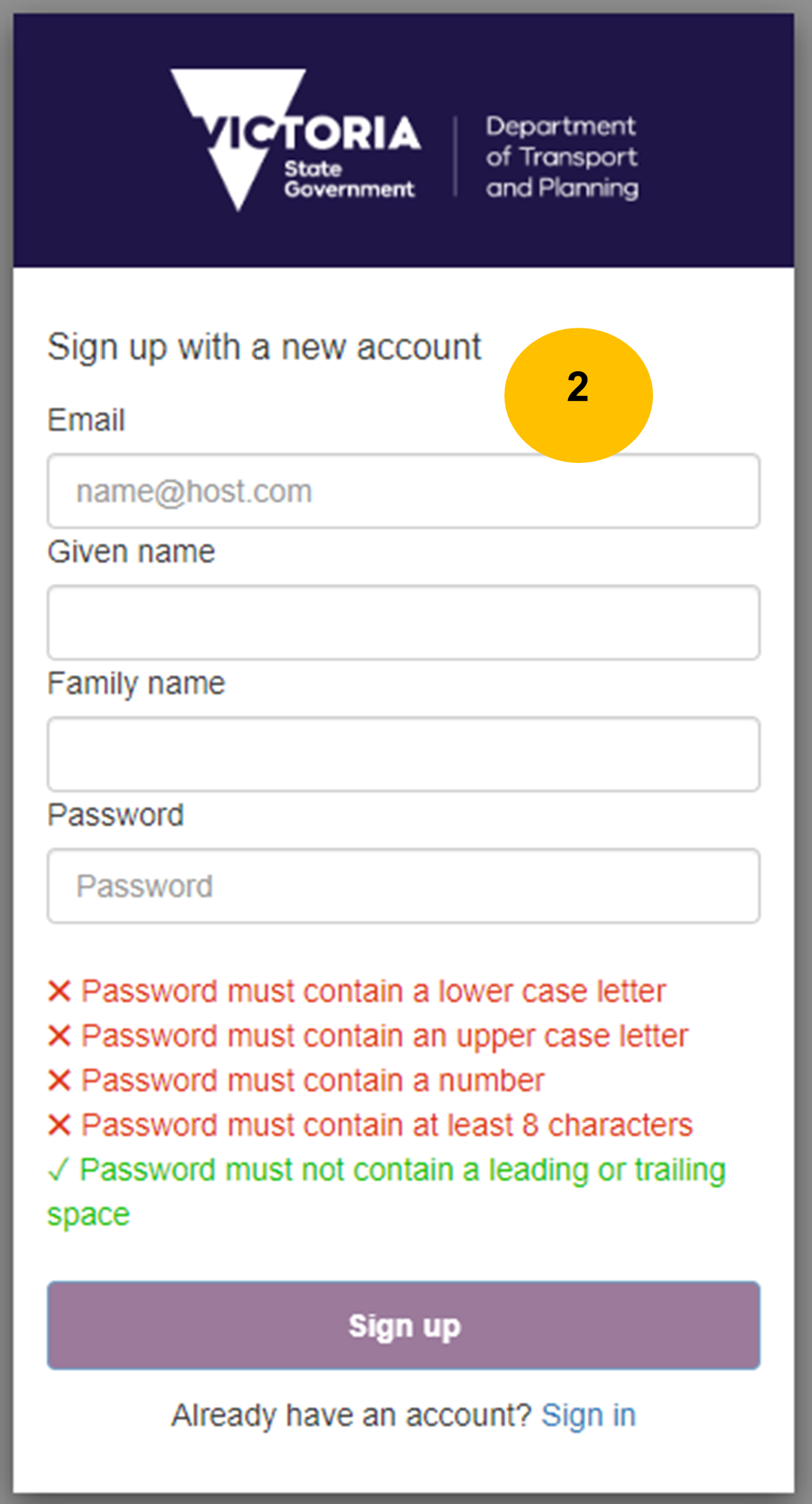 Step 2 showing the fields needed for sign up and password rules