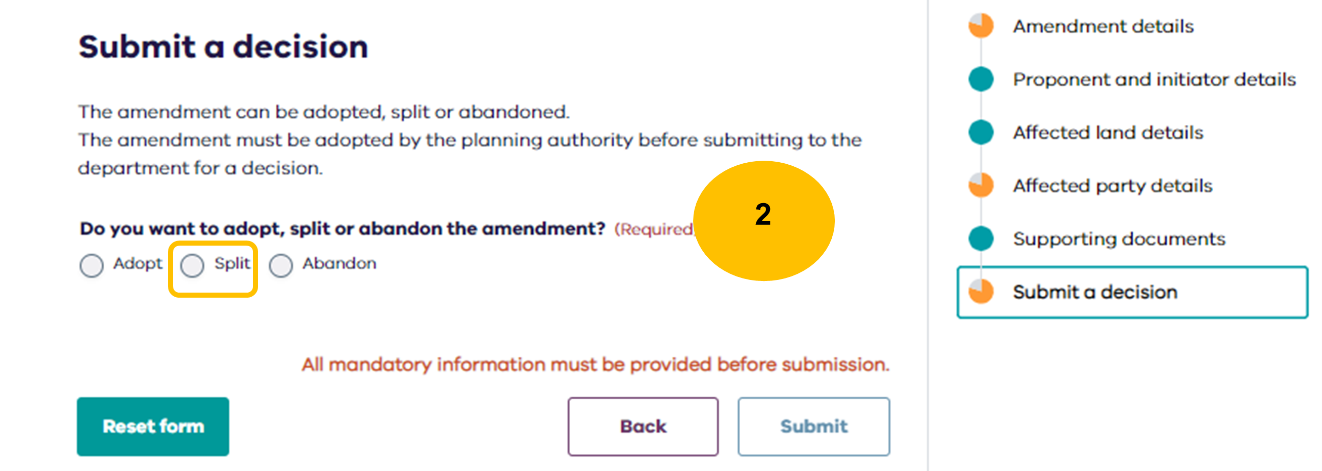 Step 2 Highlighting of submit a decision page with option to split