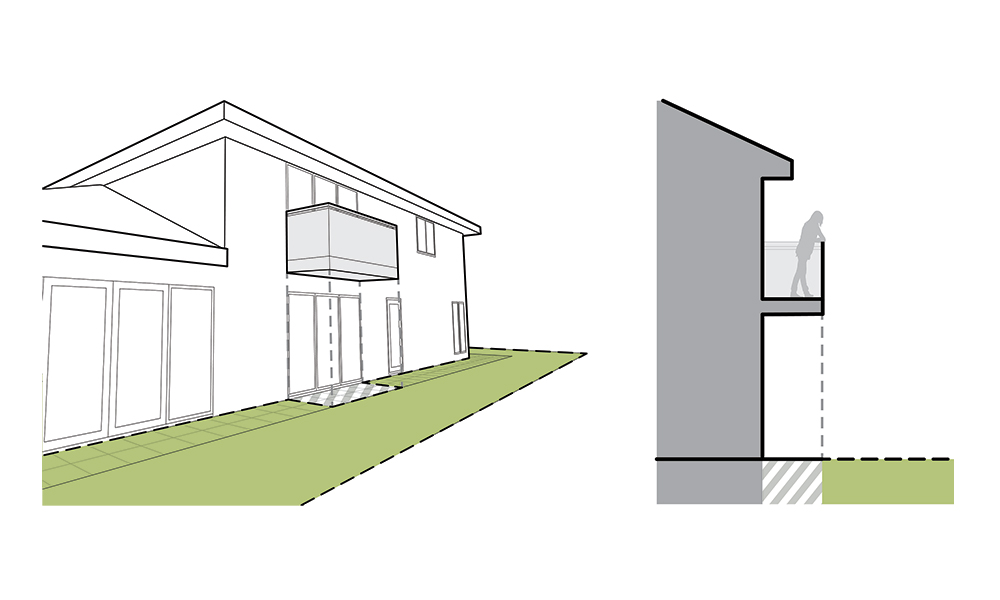 Left-hand diagram of external view of house with balcony. Right-hand diagram of side view of balcony overhang with ground level under the balcony.