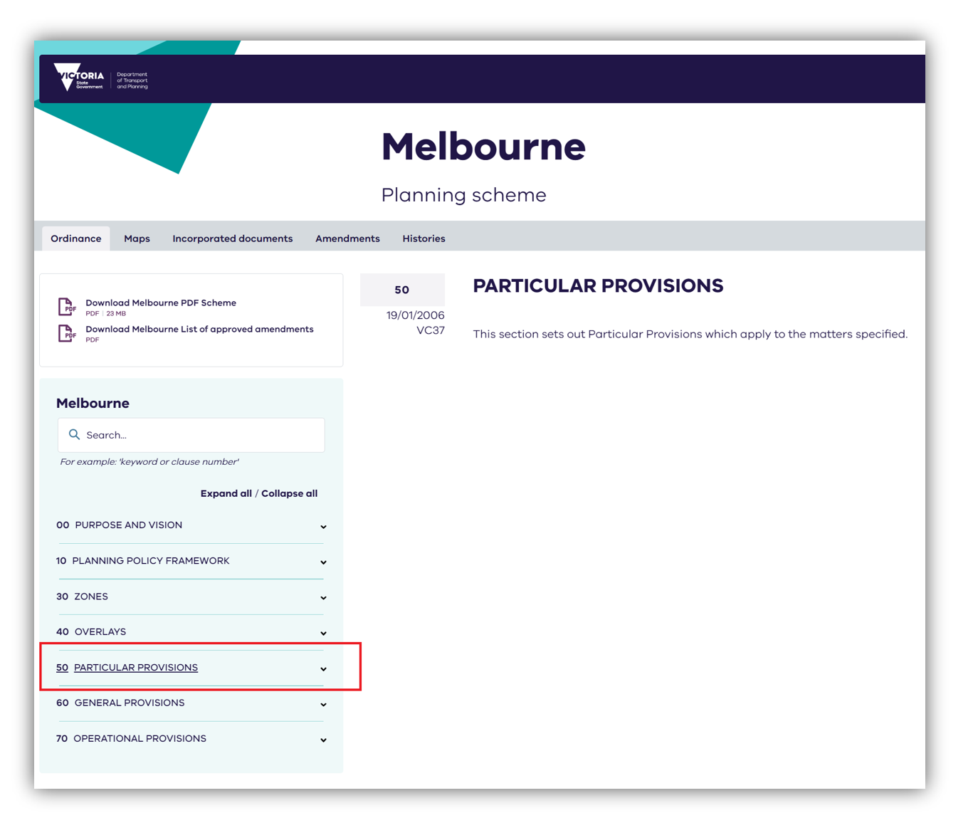 screenshot of planning scheme with 50 PARTICULAR PROVISIONS highlighted