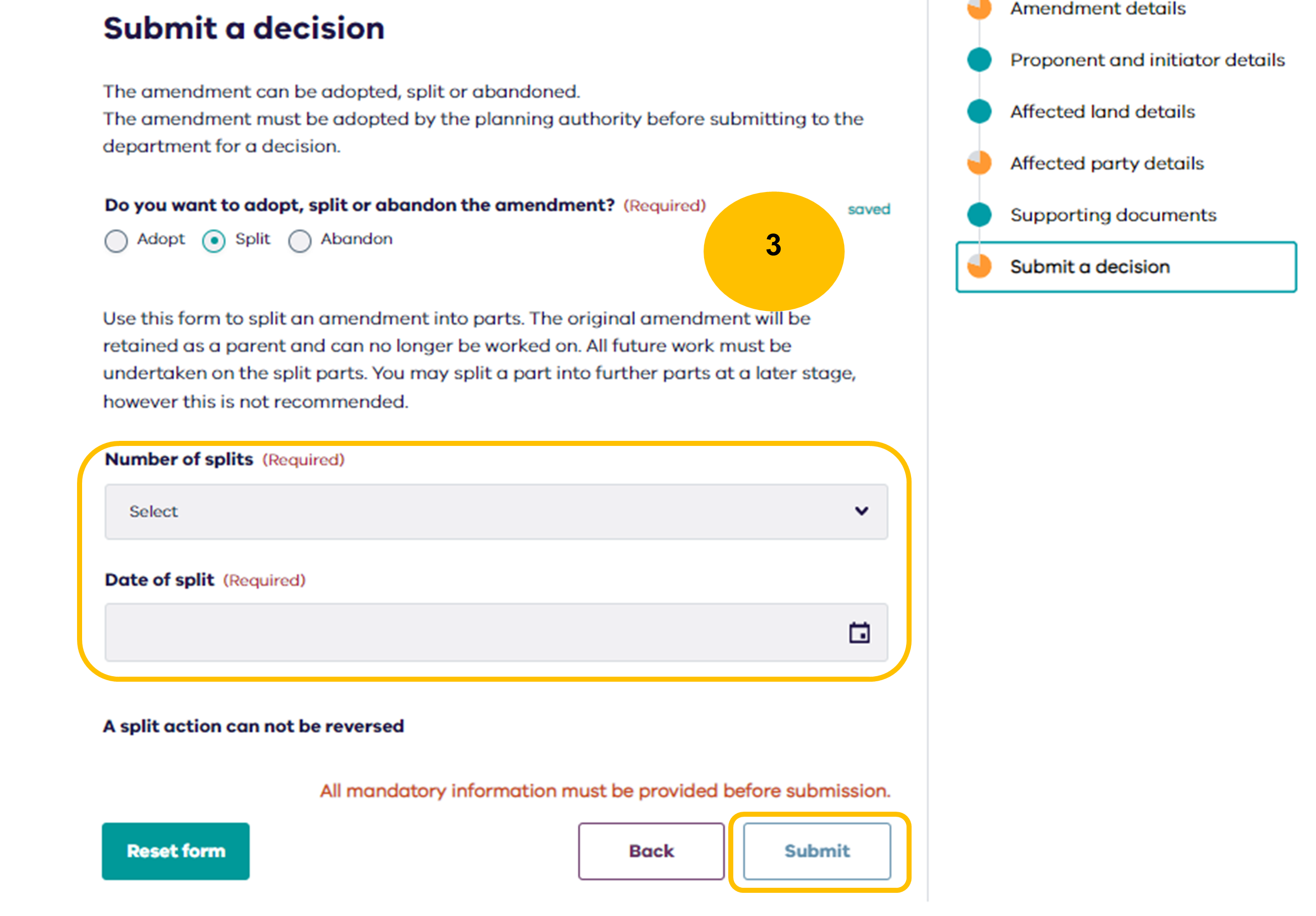 Step 3 highlighting the fields for number of splits and date of split as well as the submit button