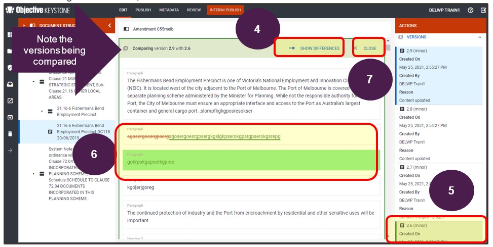 View the differences between content versions on screen