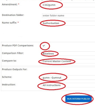 interim publish screen with Authorisationunder consideration selected and Produce PDF comparison checked