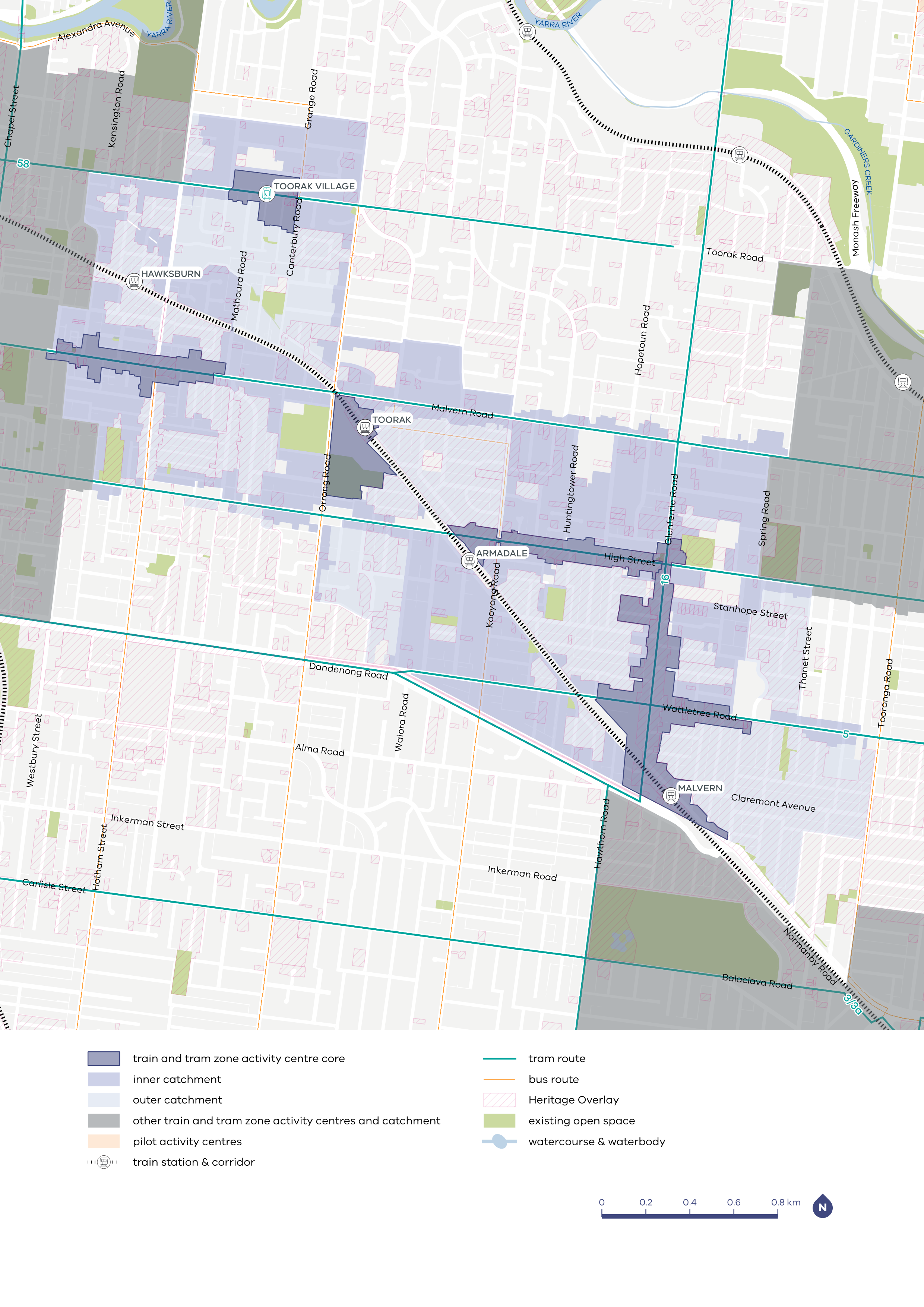 Map showing the Hawksburn to Malvern and Toorak Village catchment area