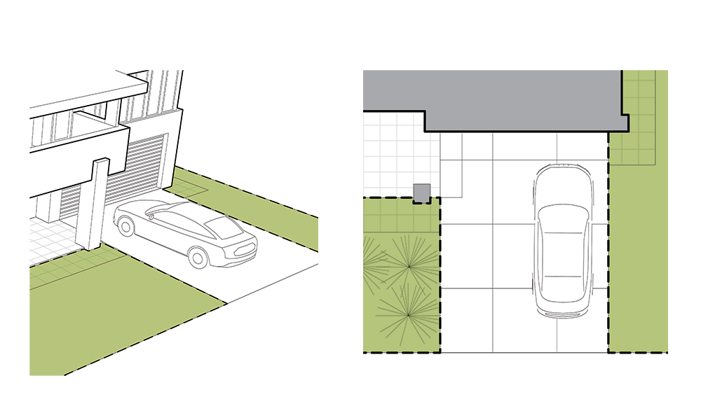 Diagram of exterior view and aerial view of garden area bisected by a driveway.