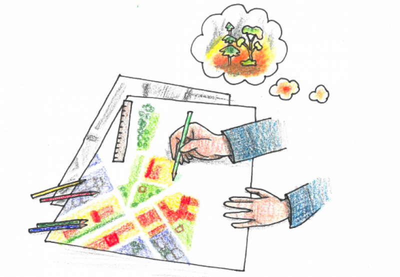 Drawing of person drawing a settlement plan with a bushfire thought bubble