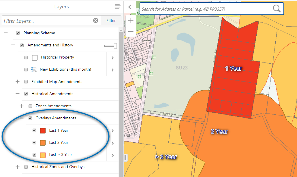 VicPlan showing historic amendment areas colour coded. 