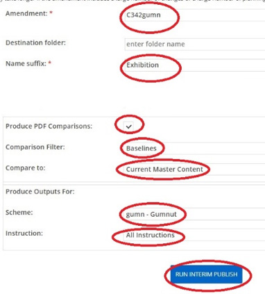 interim publish screen with Authorisationunder consideration selected and Produce PDF comparison checked