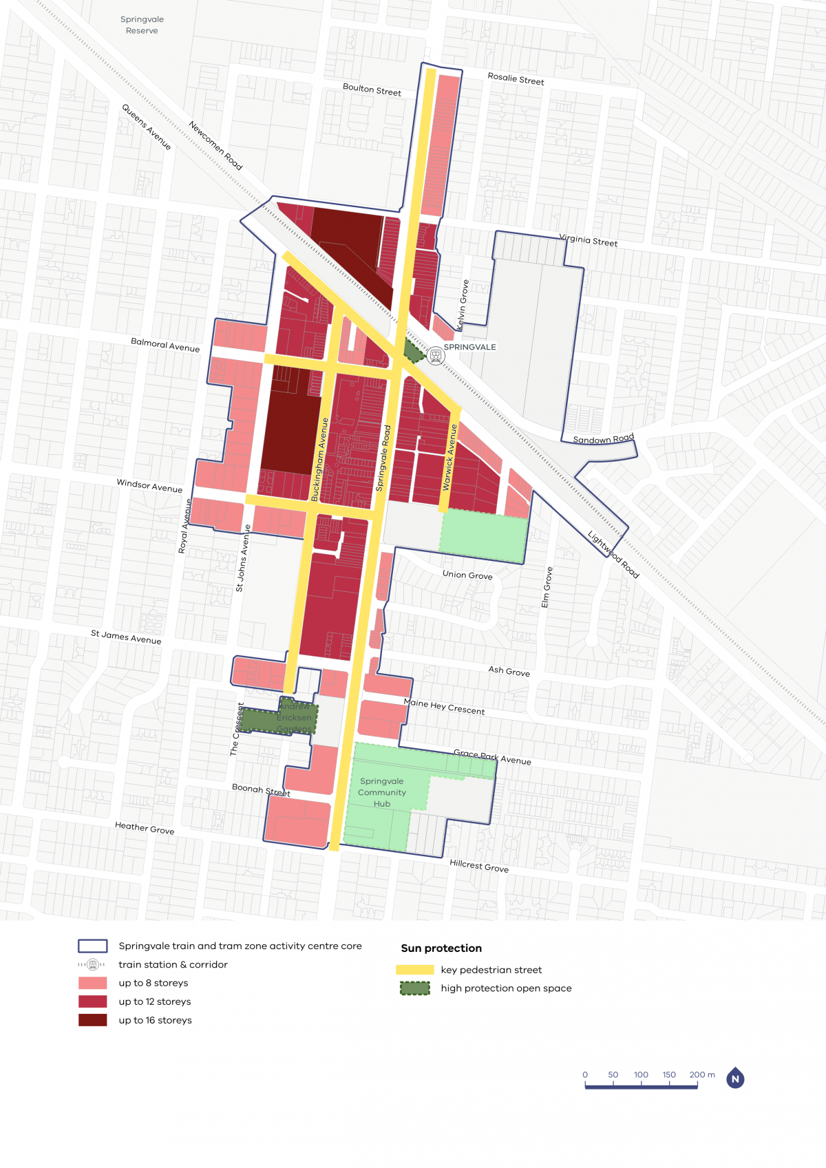A map showing the preferred building heights and sun protection guidelines for the Springvale Activity Centre.