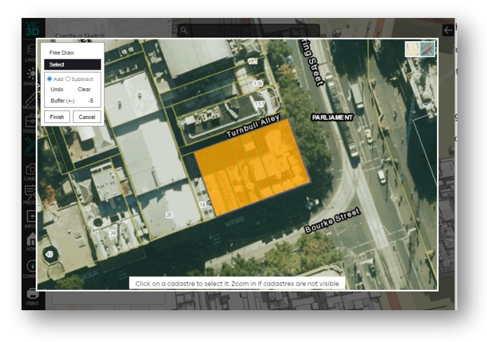 Screenshot of Vic3D 'Sketch' interface showing 3D model and controls to configure step 1.