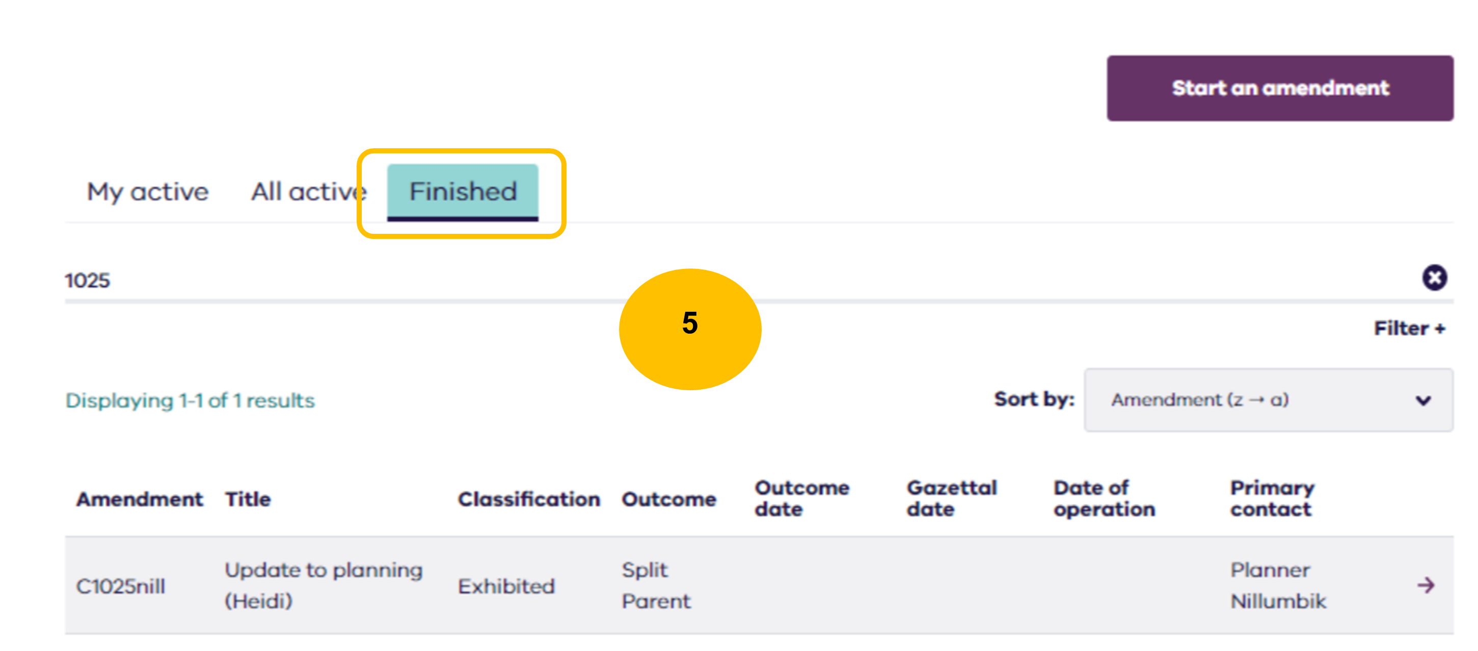 Step 5 highlighting the finished tab and finished amendments where the split parent amendment is listed