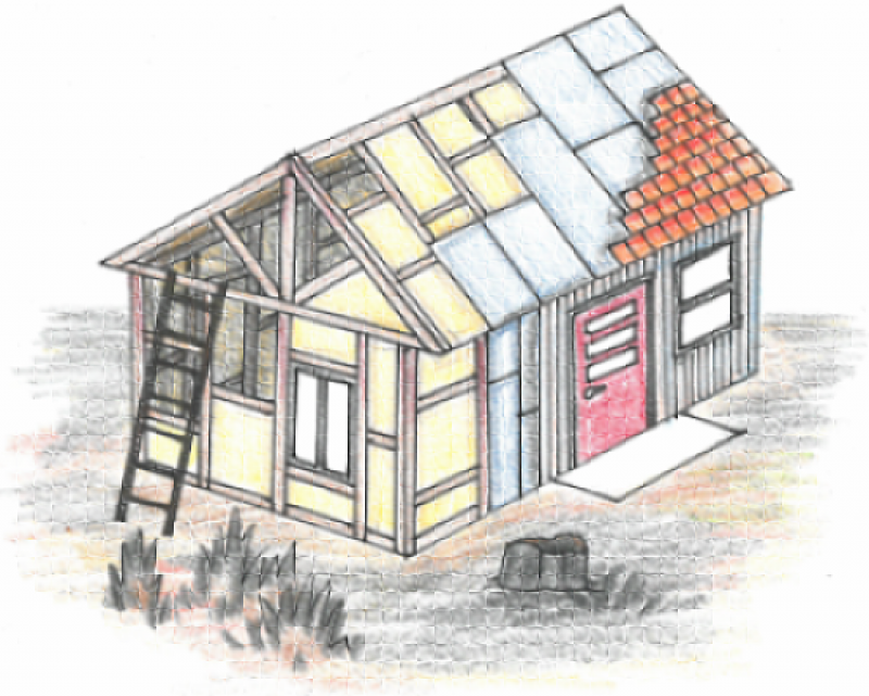 Drawing of house in burnt surrounds being rebuilt