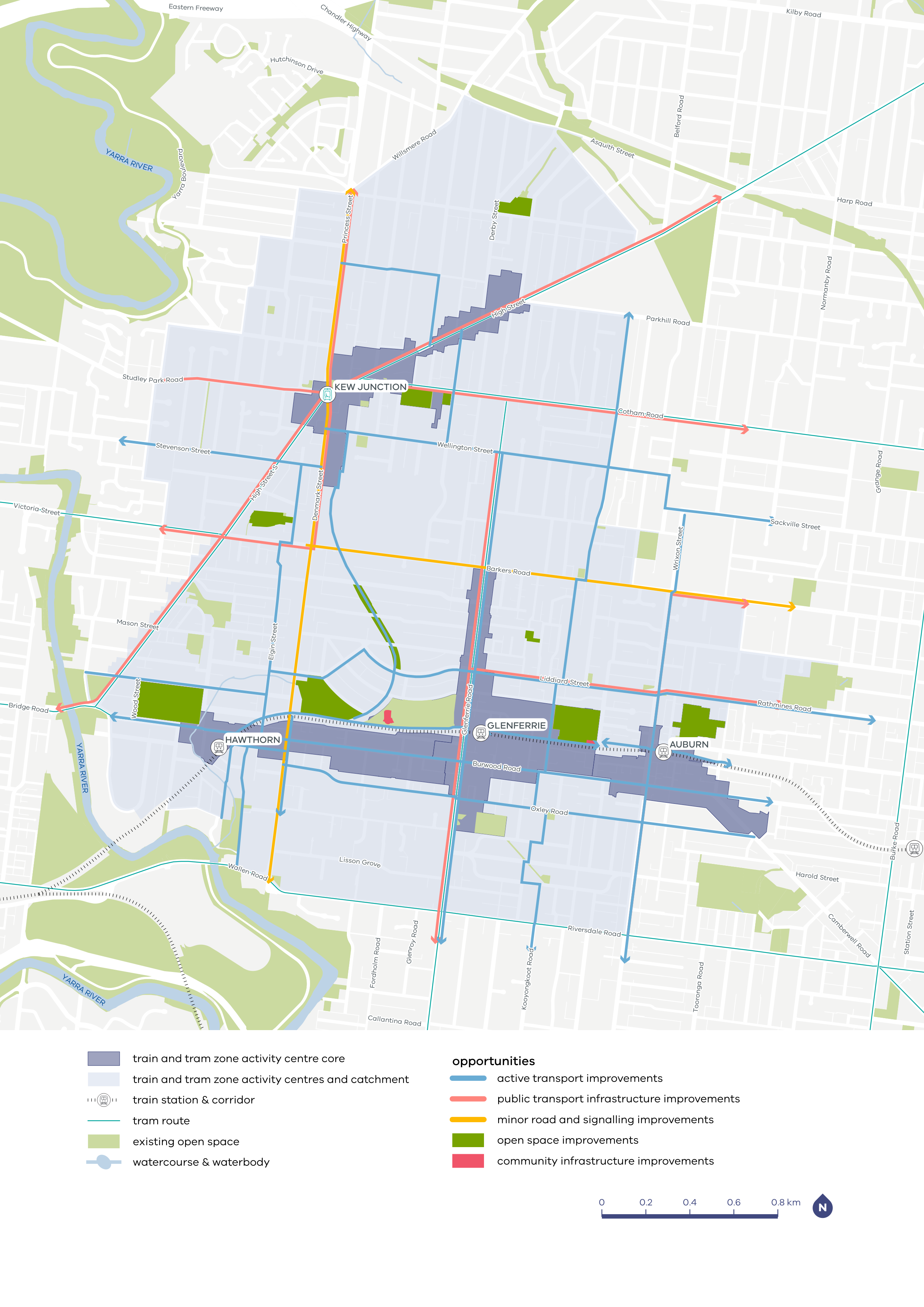 Map showing 2051 indicative improvements for Hawthorn to Kew Junction
