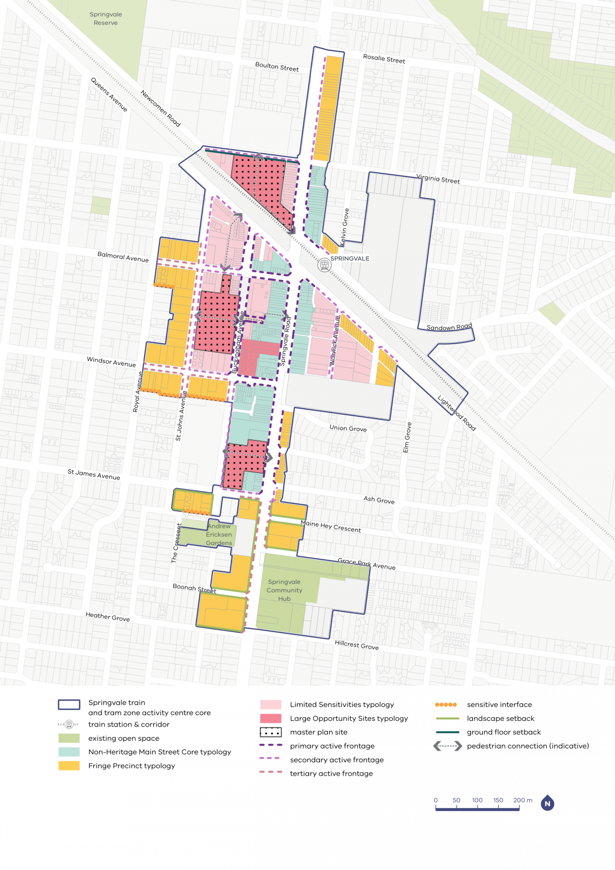 A map showing typology categories, activation areas, and setback requirements within the Springvale Activity Centre.
