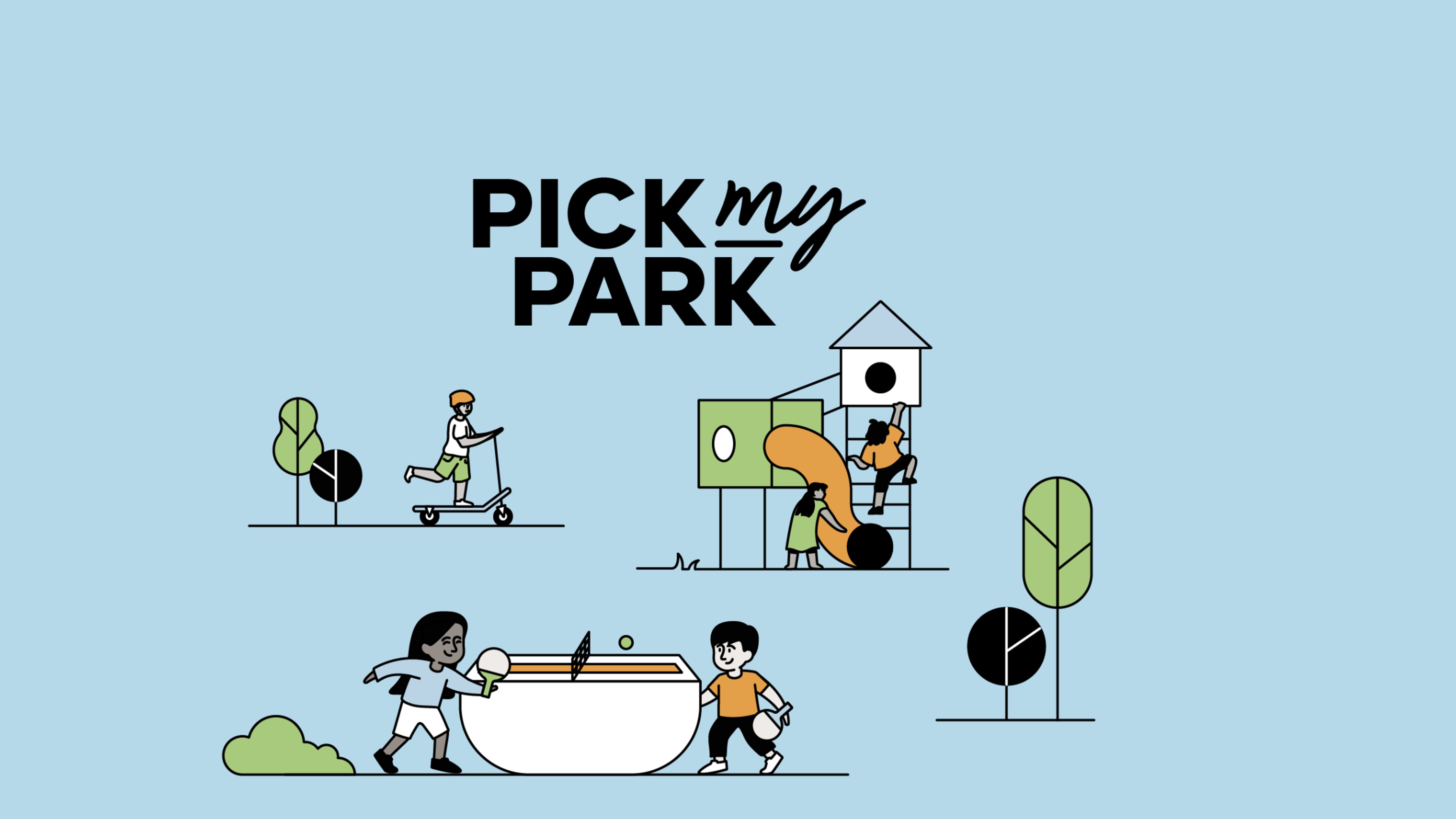 Illustration representing pick my park showing a park and a happy community