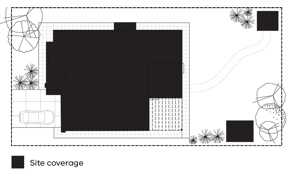 Plan showing location of roofed areas of house, garden shed and barbecue area within the context of the driveway, ground areas covered by overhang from eaves, pack patio or deck and garden