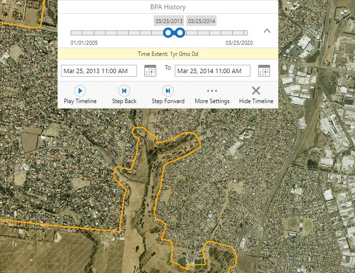 VicPlan map showing time slider control at top of page over BPA history layer