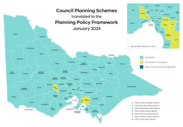 Map showing Council Planning Schemes translated to the Planning Policy Framework, January 2024