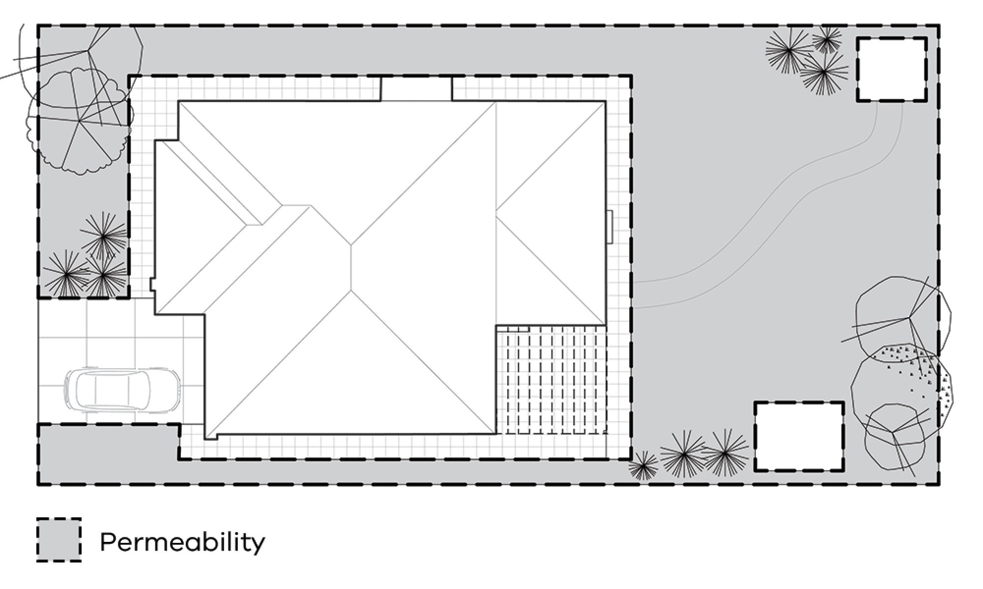 Plan showing driveway, house,, areas under overhang of eaves and balcony, back patio, garden shed and covered barbecue area as non-permeable areas.