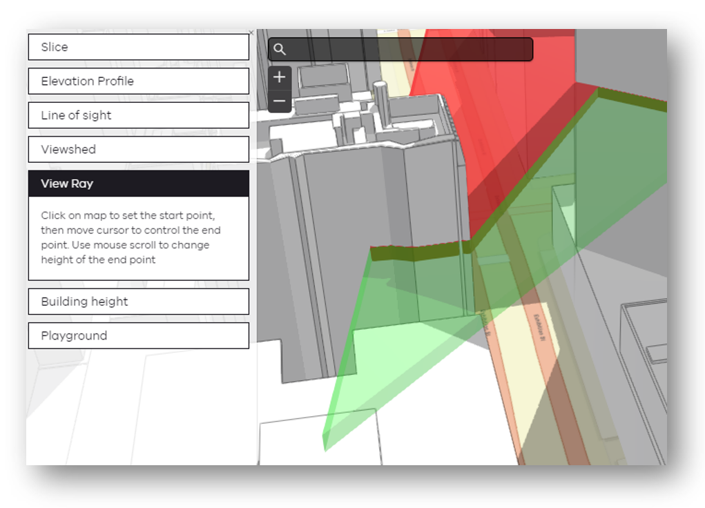 Screenshot of Vic3D 'View ray' interface showing 3D model with visible areas shaded green and non-visible areas shaded red.