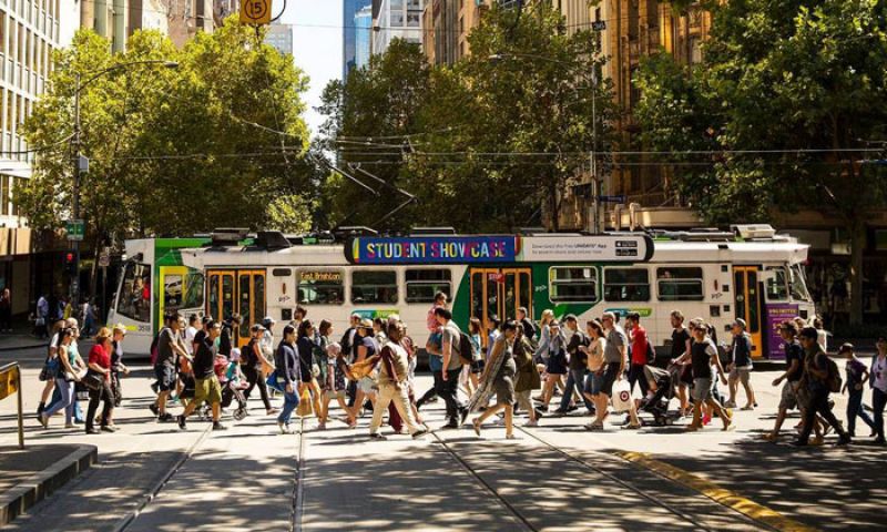 Tram crossing the intersection of Collins and Swanston streets