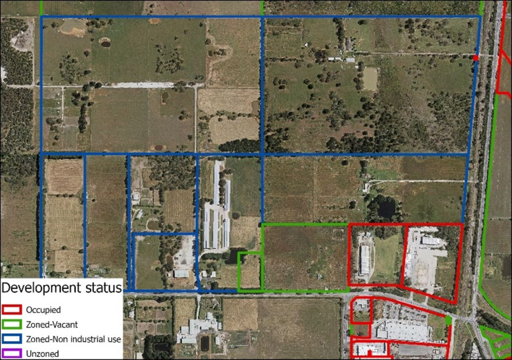 Figure 1: Parcels of vacant and occupied industrial land. Image shows a range of occupied land uses including large factories and hardstand storage yards.