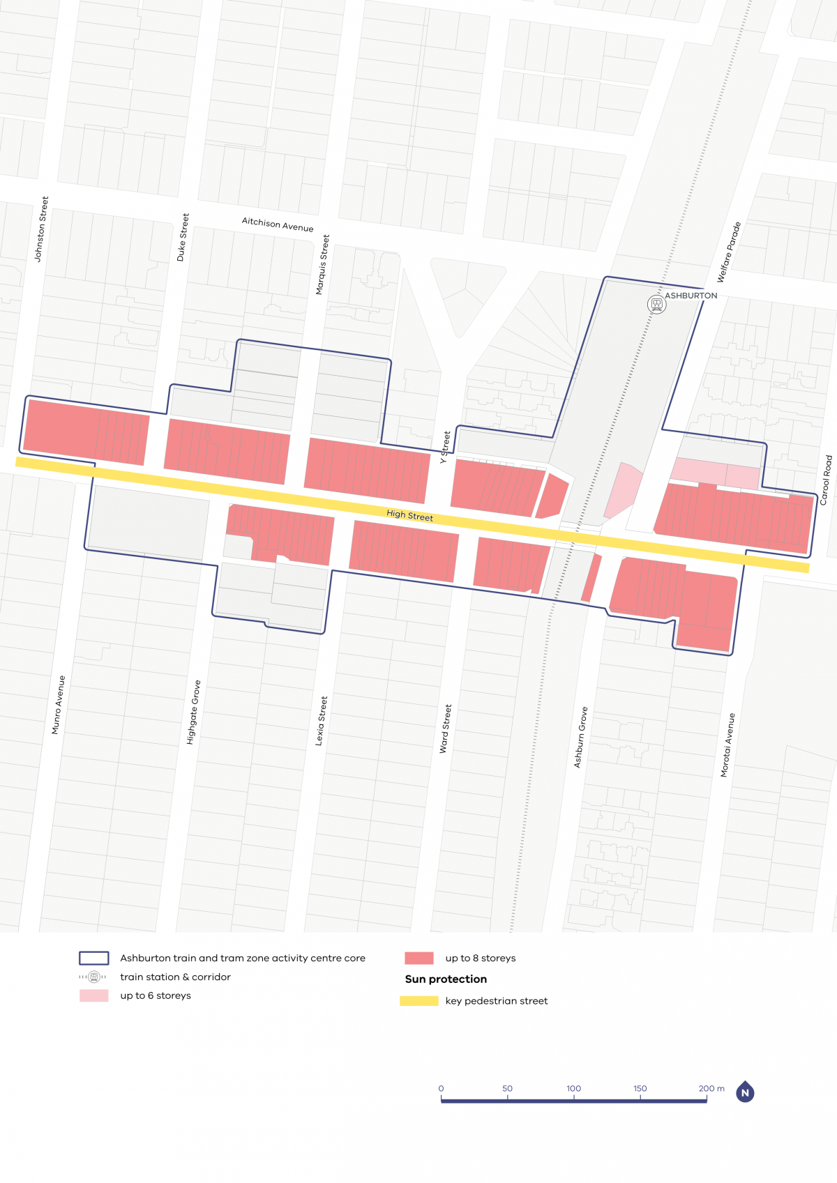 A map showing the preferred building heights and sun protection guidelines for the Ashburton Activity Centre.