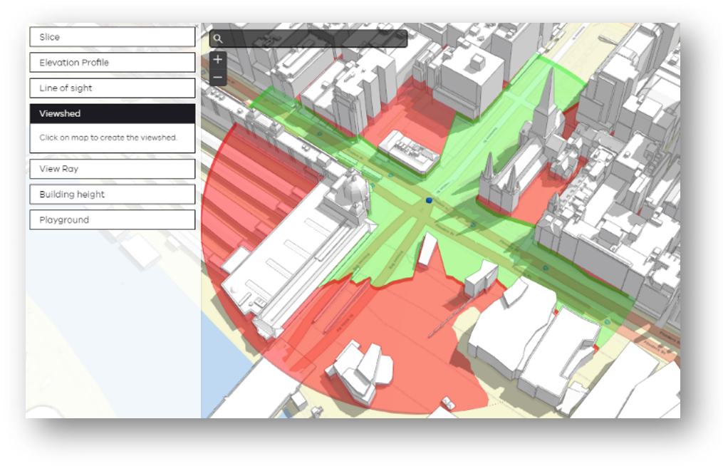 Screenshot of Vic3D 'Viewshed' interface showing 3D model and Viewshed controls.