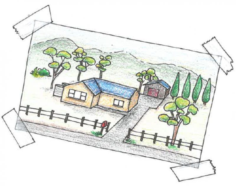 Drawing showing a house with driveway and shed in a rural setting with some trees and hills behind