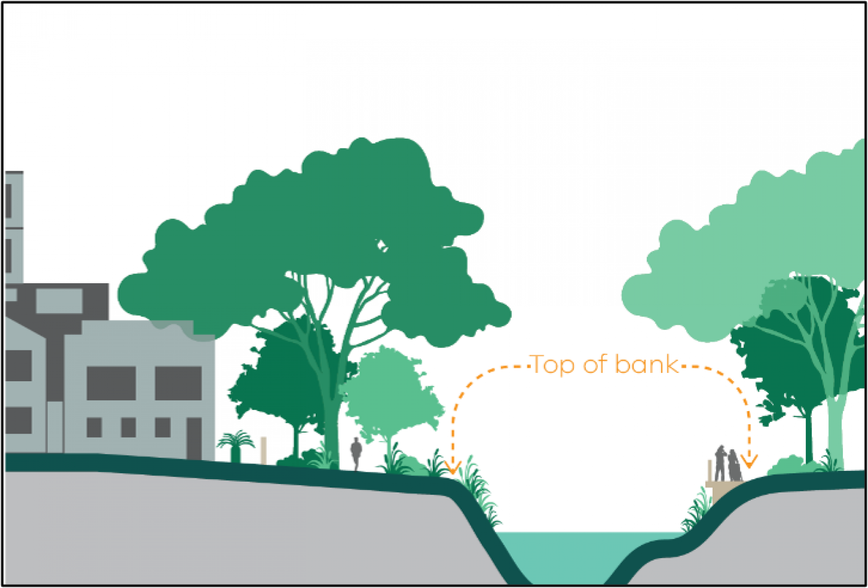 Illustrated cross-section of a waterway. Waterway in the centre, noting the top of bank, the vegetation and open space buffer, then development.