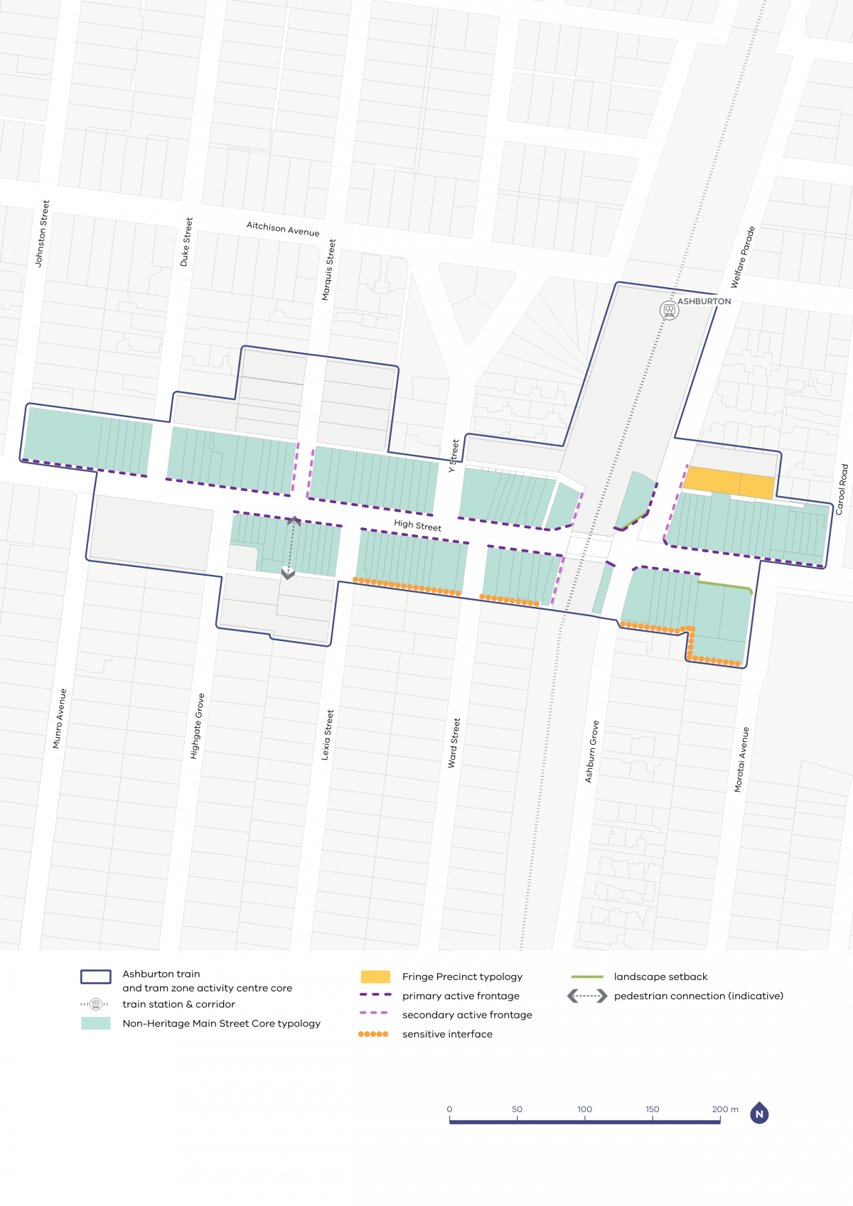 A map showing typology categories, activation areas, and setback requirements within the Ashburton Activity Centre.
