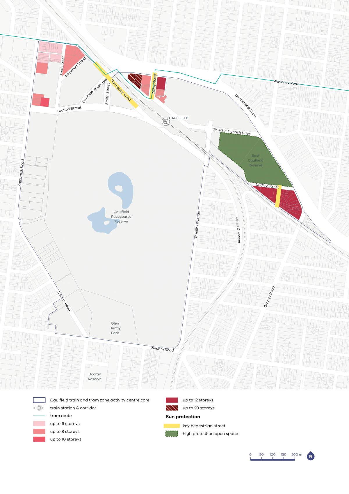 A map showing the preferred building heights and sun protection guidelines for the Caulfield Activity Centre.