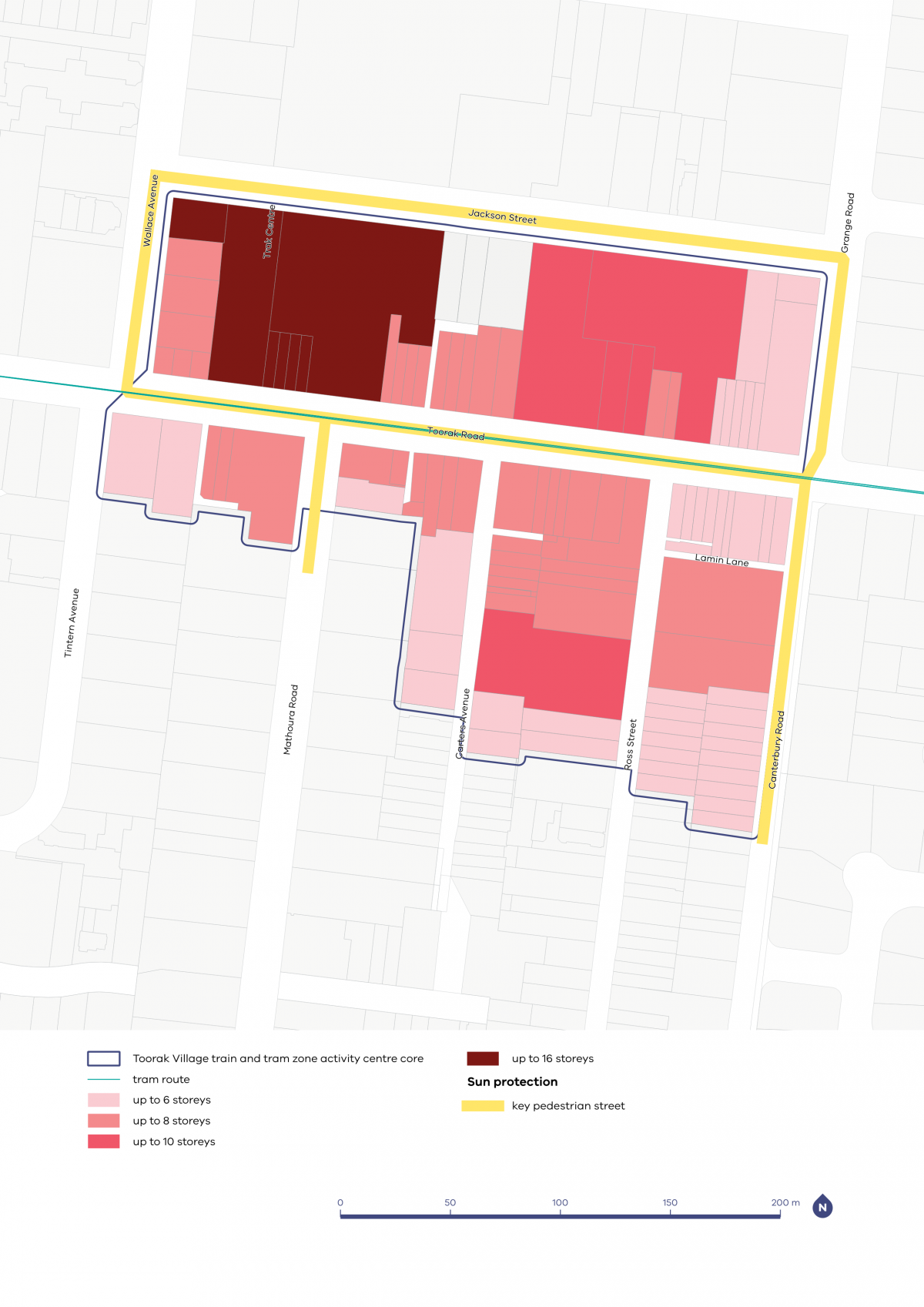 A map showing the preferred building heights and sun protection guidelines for the Toorak Village Activity Centre.