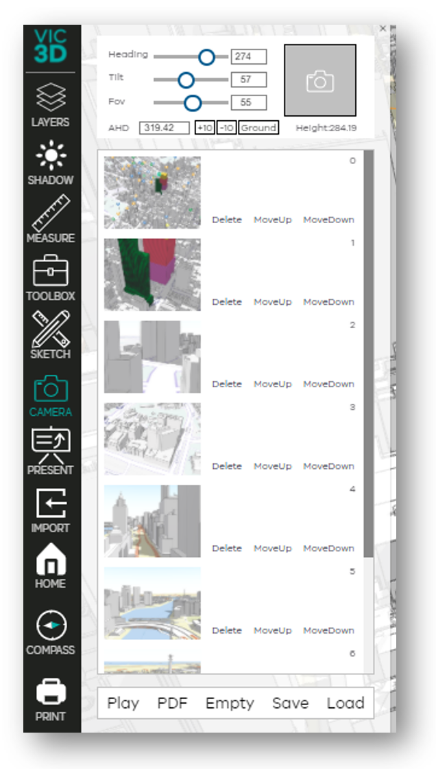 Screenshot of Vic3D 'Camera' interface showing 3D model and camera controls.