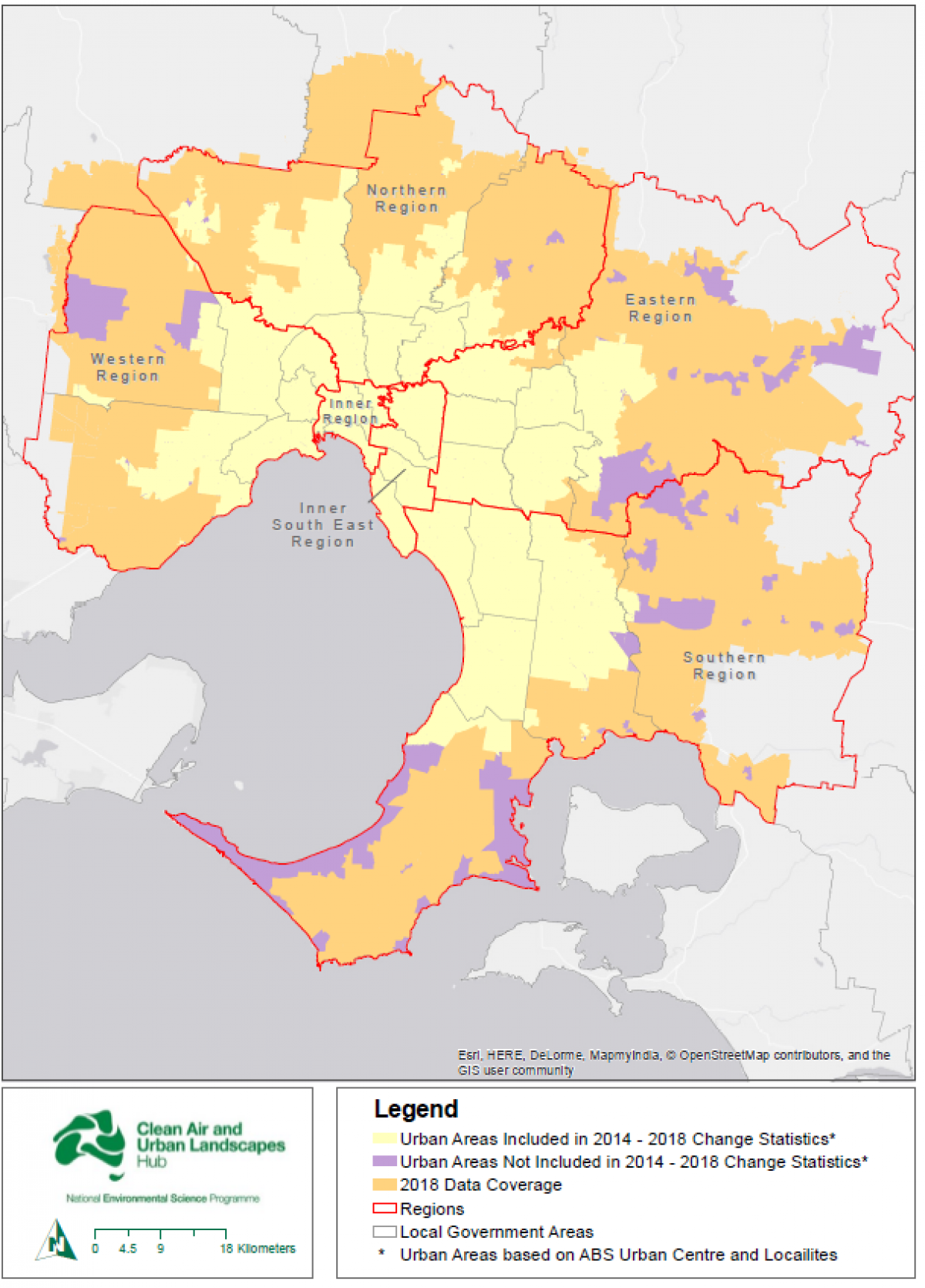 Map showing the areas of metropolitan Melbourne for which 2014 and 2018 vegetation data is available