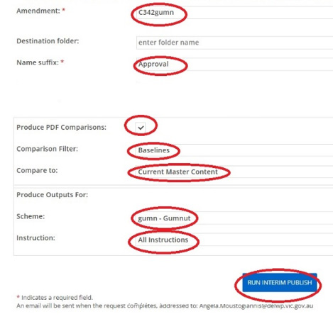 interim publish screen with Authorisationunder consideration selected and Produce PDF comparison checked
