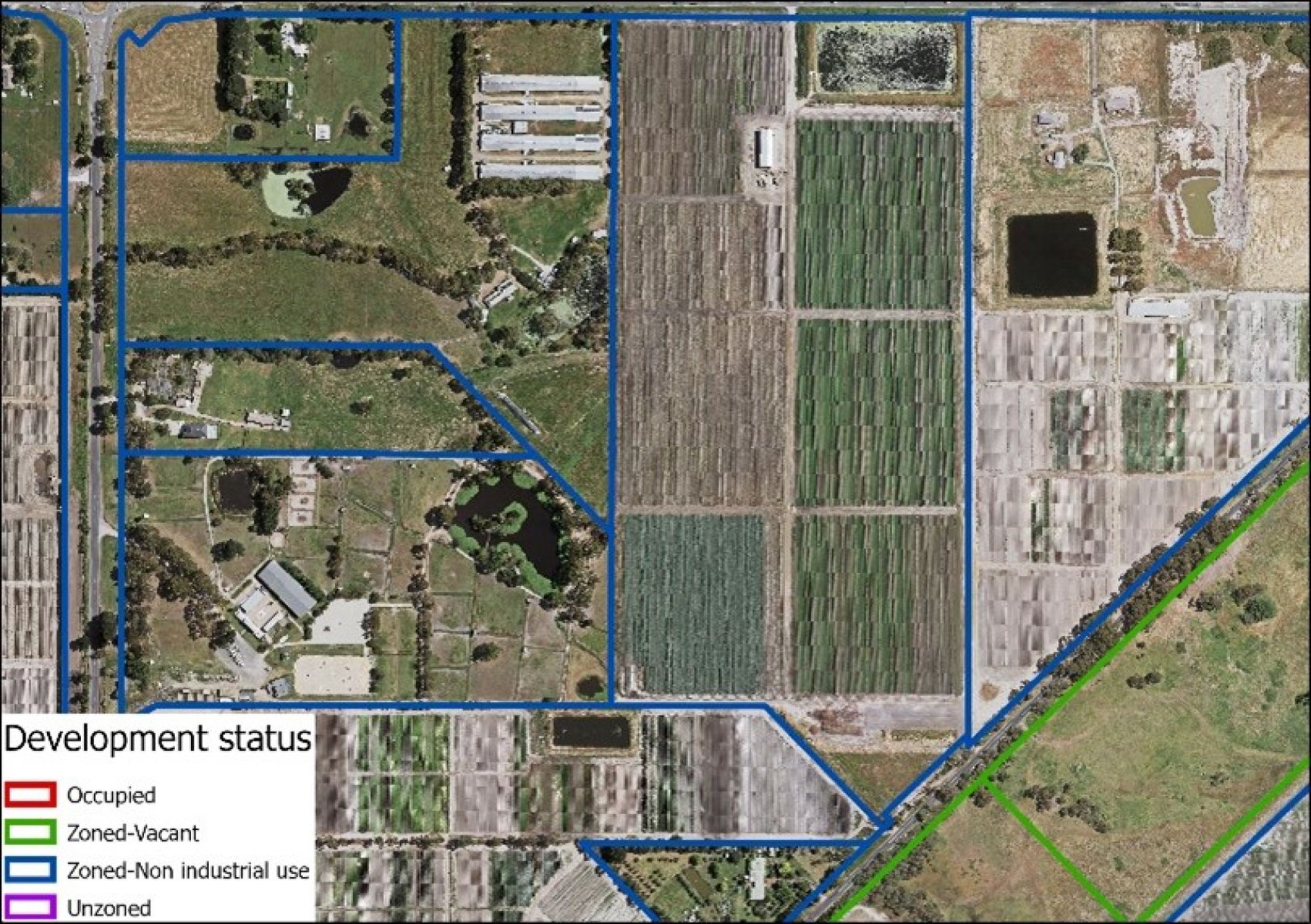 Figure 3: Parcels of non-industrial use and occupied industrial land. Image shows examples of non-industrial use that include more intensive farming and cropping.