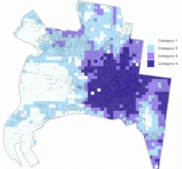 The image provides an example of the car parking requirement map for the City of Melbourne Local Government Area. The map is colour-coded using four categories, ranging from dark purple to light blue. Dark purple indicates a high public transport access, light blue indicates poor public transport access.