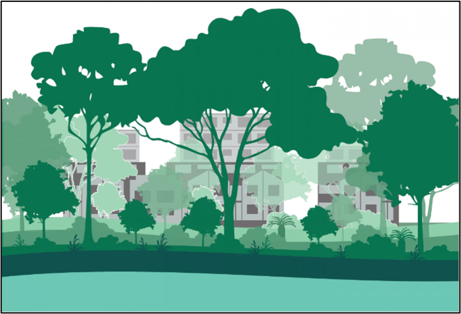Illustrated waterway in foreground, vegetation and trees dominant feature in midground, recessive development in the background.